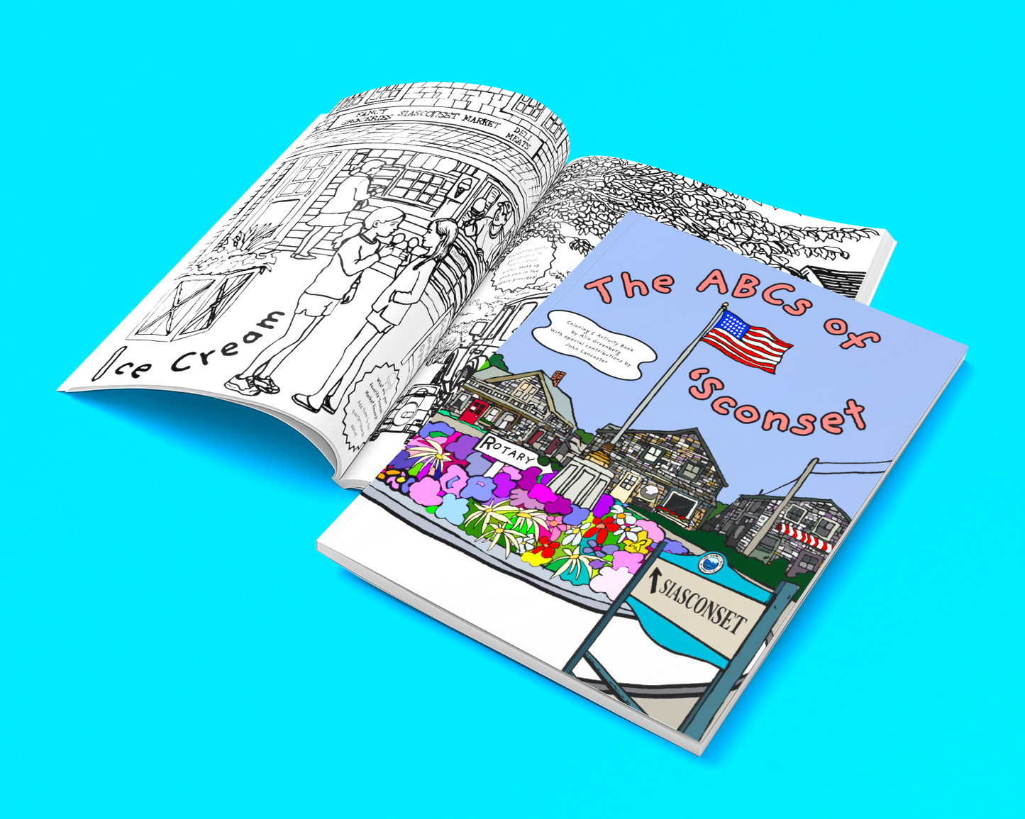 An open illustrated coloring book or activity booklet on a bright cyan background. The left page shows black-and-white line art of an ice cream shop, and the right page shows a colorful scene with houses, flowers, an American flag, and the title 'The ABCs of Yoopset' with 'Wisconsin' at the bottom.
