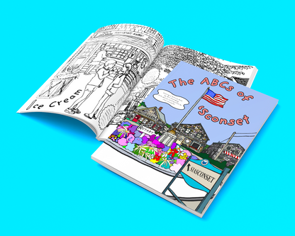 An open illustrated coloring book or activity booklet on a bright cyan background. The left page shows black-and-white line art of an ice cream shop, and the right page shows a colorful scene with houses, flowers, an American flag, and the title 'The ABCs of Yoopset' with 'Wisconsin' at the bottom.