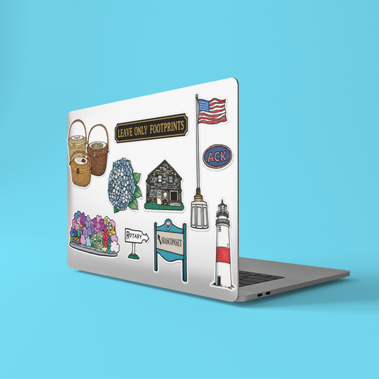 Illustrated 4 by 6 inch Nantucket sticker sheet featuring lightship baskets, hydrangeas, Sankaty Lighthouse, an ACK sign, American flag, ’Sconset sign, historic cottage, and island landmarks.